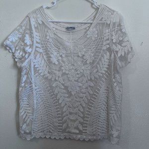Express Women' s white floral flowery with leaves sheer top, size L